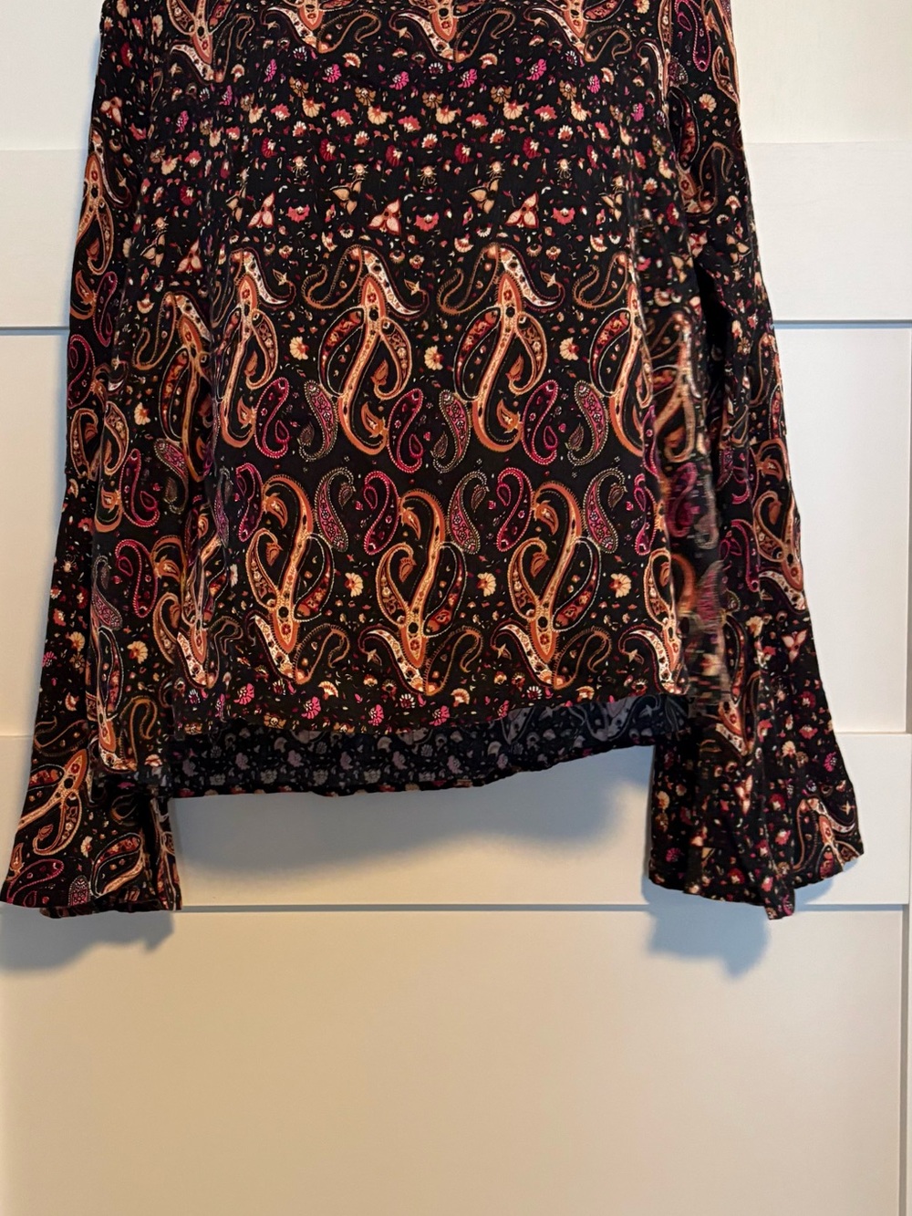 one clothing Black Paisley Print Top with Pink & Tan Accents & Bell sleeves
